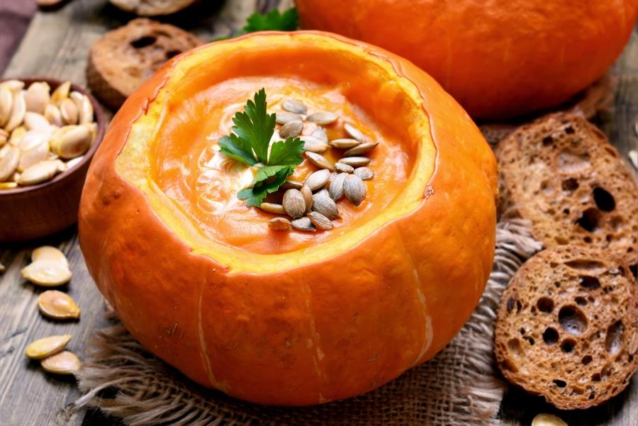 Pumpkin cream soup. Healthy diet food, close up view